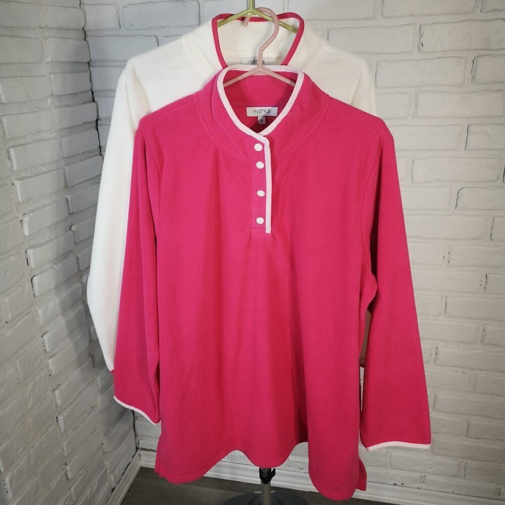 2 - My Style Ladies Size 1X Hot Pink & White 4 Snap Front Closure Fleece Tops